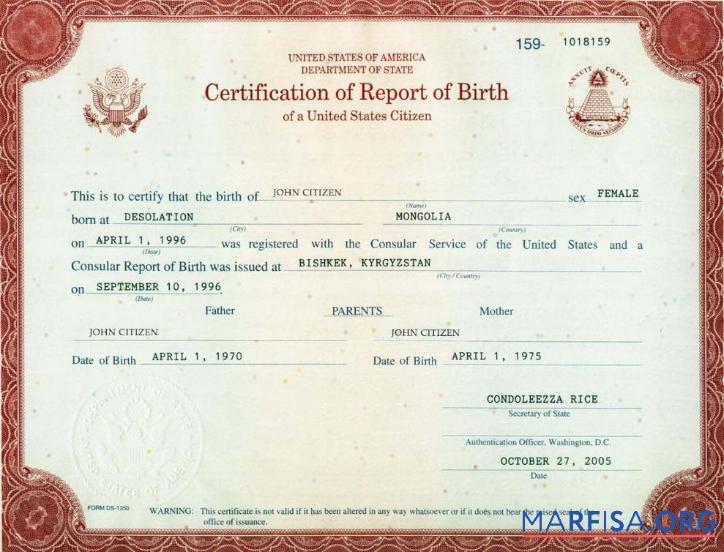 Downloadable United States Department of State birth certificate sample